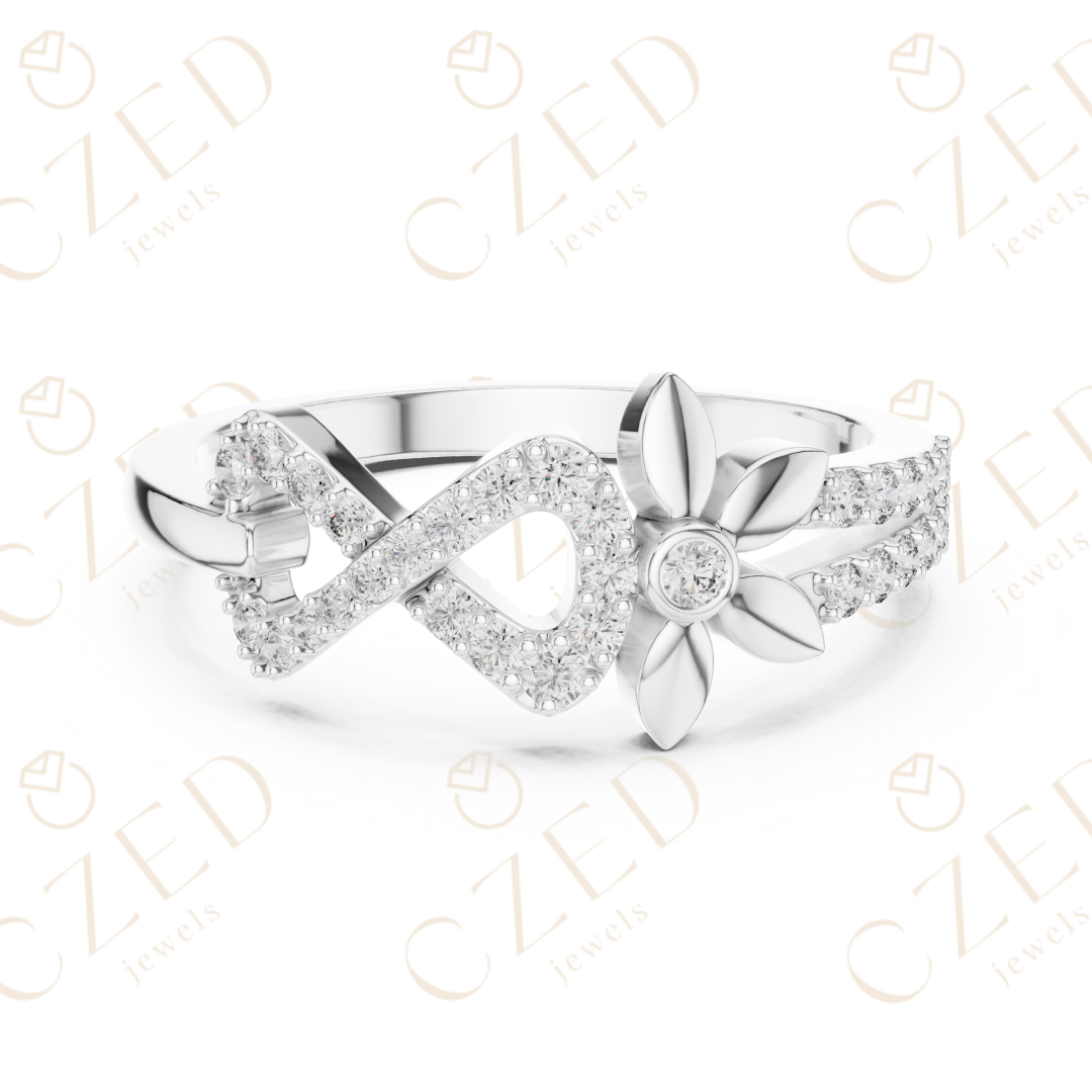 Round Cut Diamond Infinity Band Ring with Floral Motif Accents