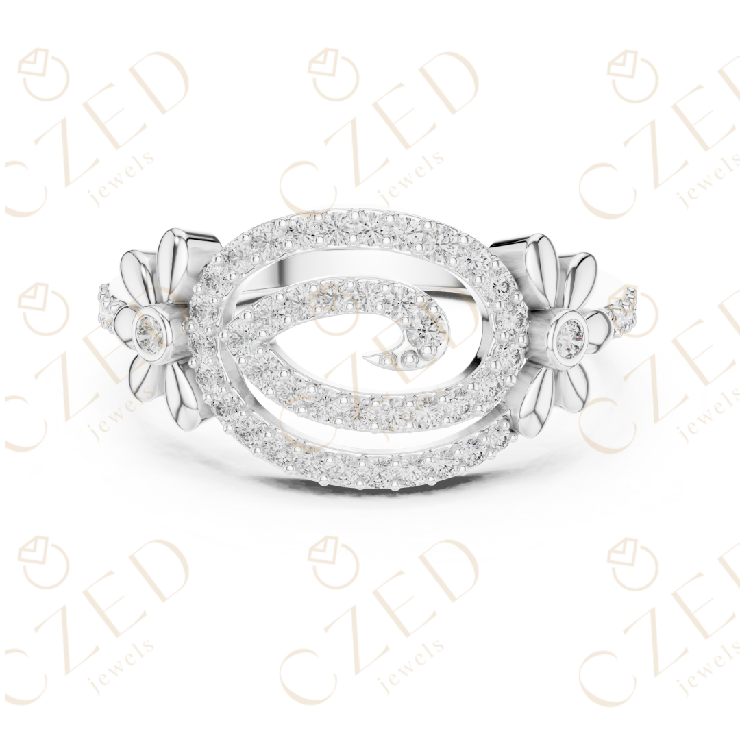 Round Cut Diamond Oval Swirl Halo Ring with Floral Accents