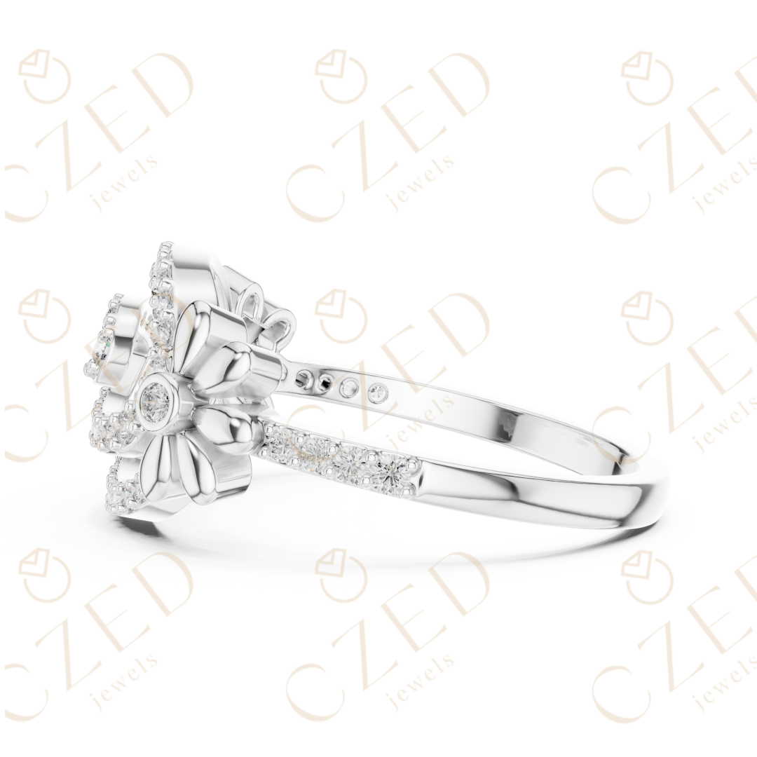 Round Cut Diamond Oval Swirl Halo Ring with Floral Accents