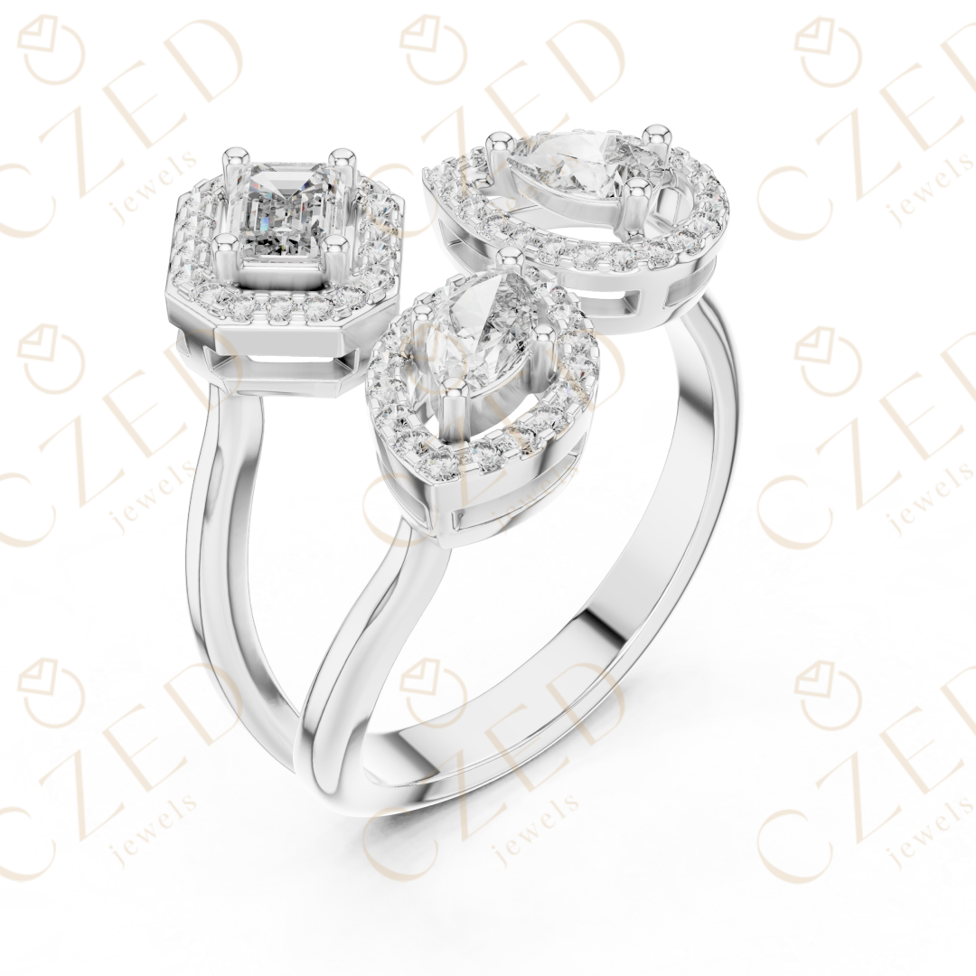 Emerald, Marquise and Pear Cut Diamond Three Stone Halo Ring