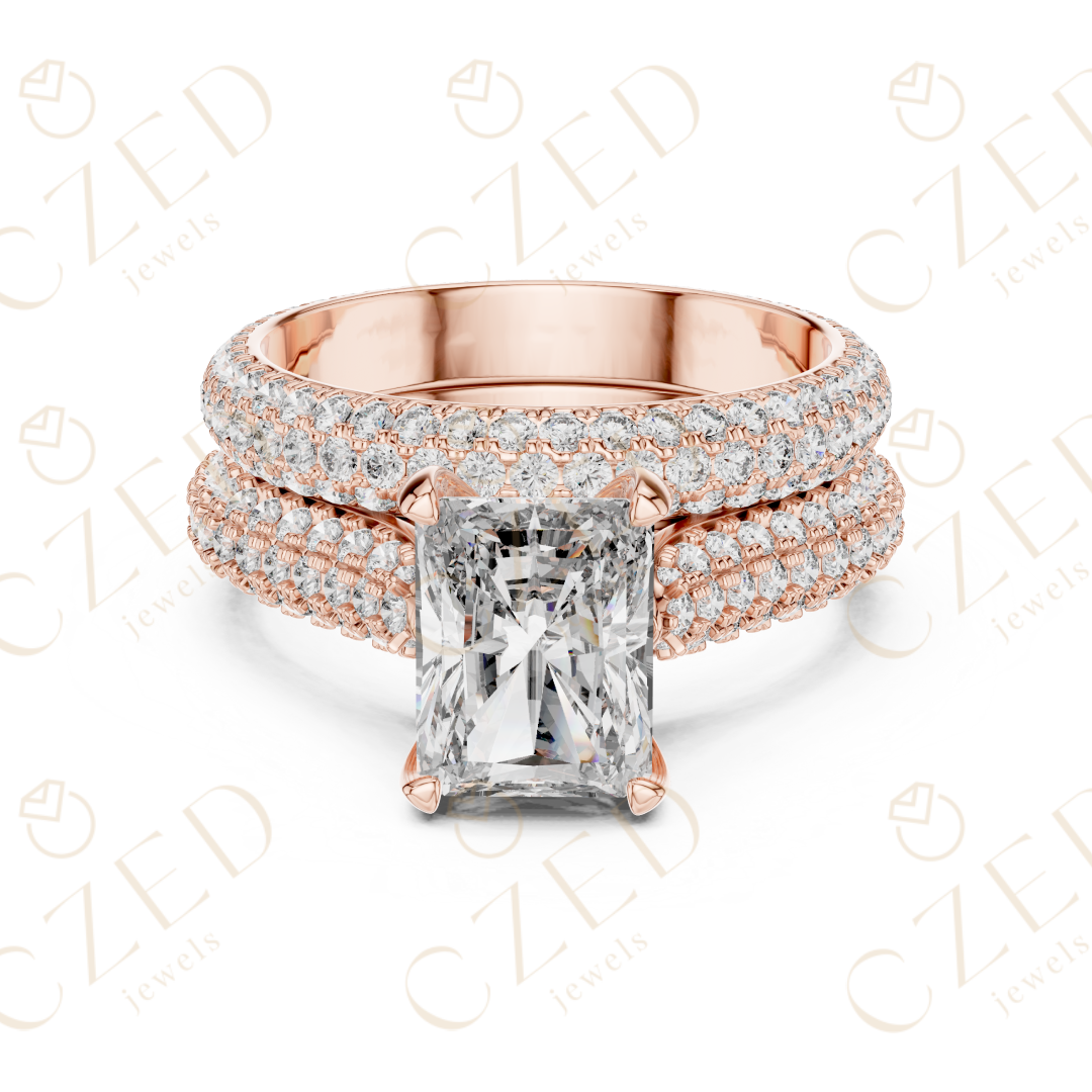 Radiant Cut Solitaire Diamond Ring with Multi-Row Pavé Band