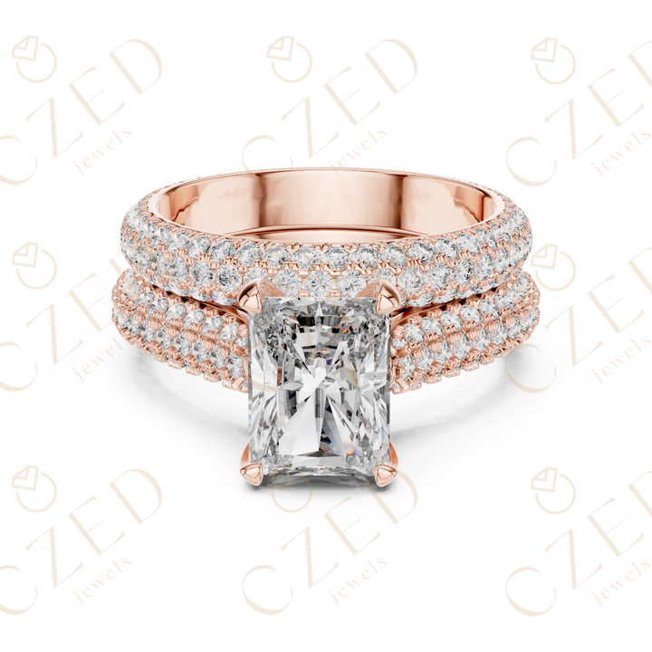 Radiant Cut Solitaire Diamond Ring with Multi-Row Pavé Band