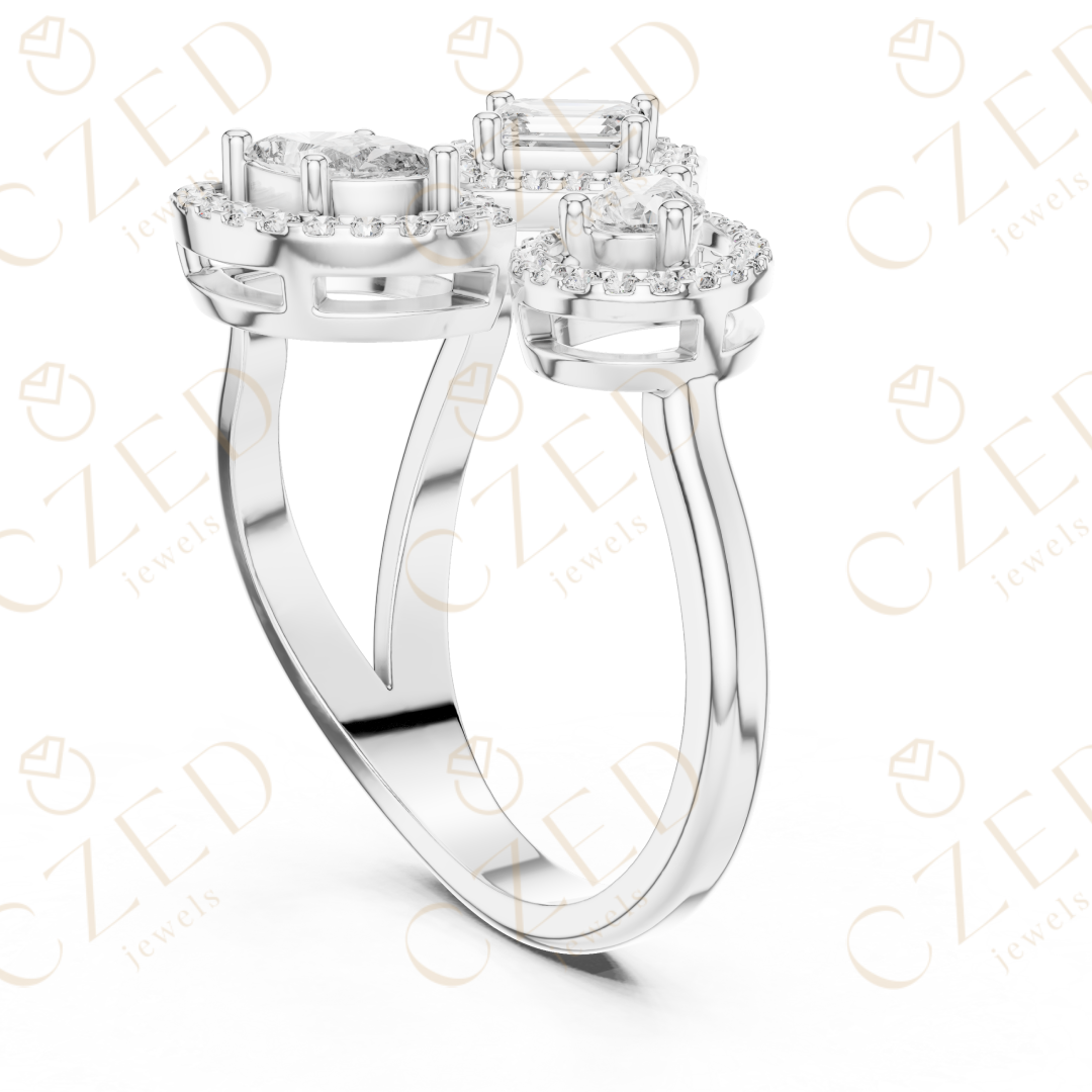 Emerald, Marquise and Pear Cut Diamond Three Stone Halo Ring