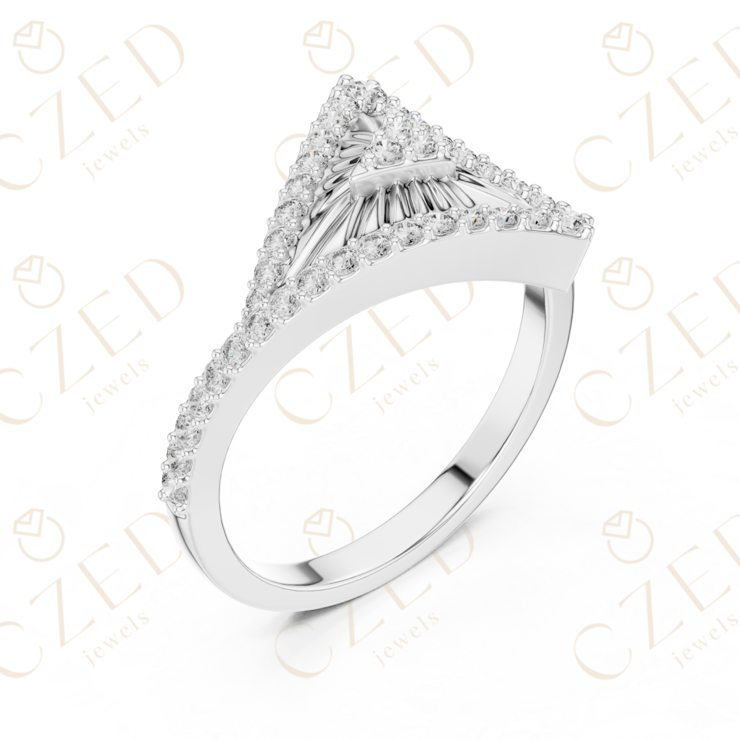 Round Cut Diamond Geometric Triangle Halo Ring