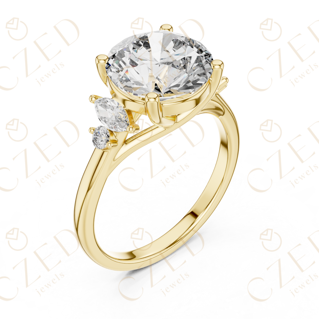 Round Cut Diamond Engagement Ring with Marquise Side Stones