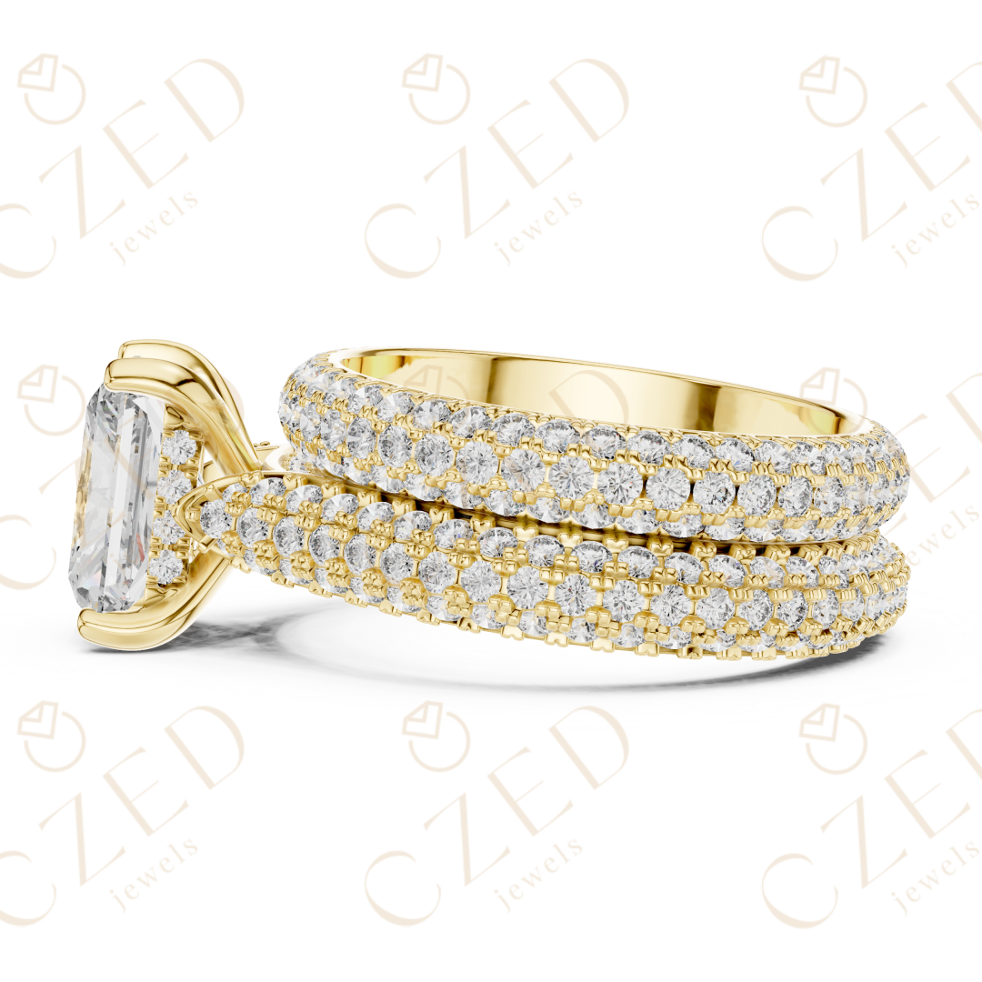 Radiant Cut Solitaire Diamond Ring with Multi-Row Pavé Band