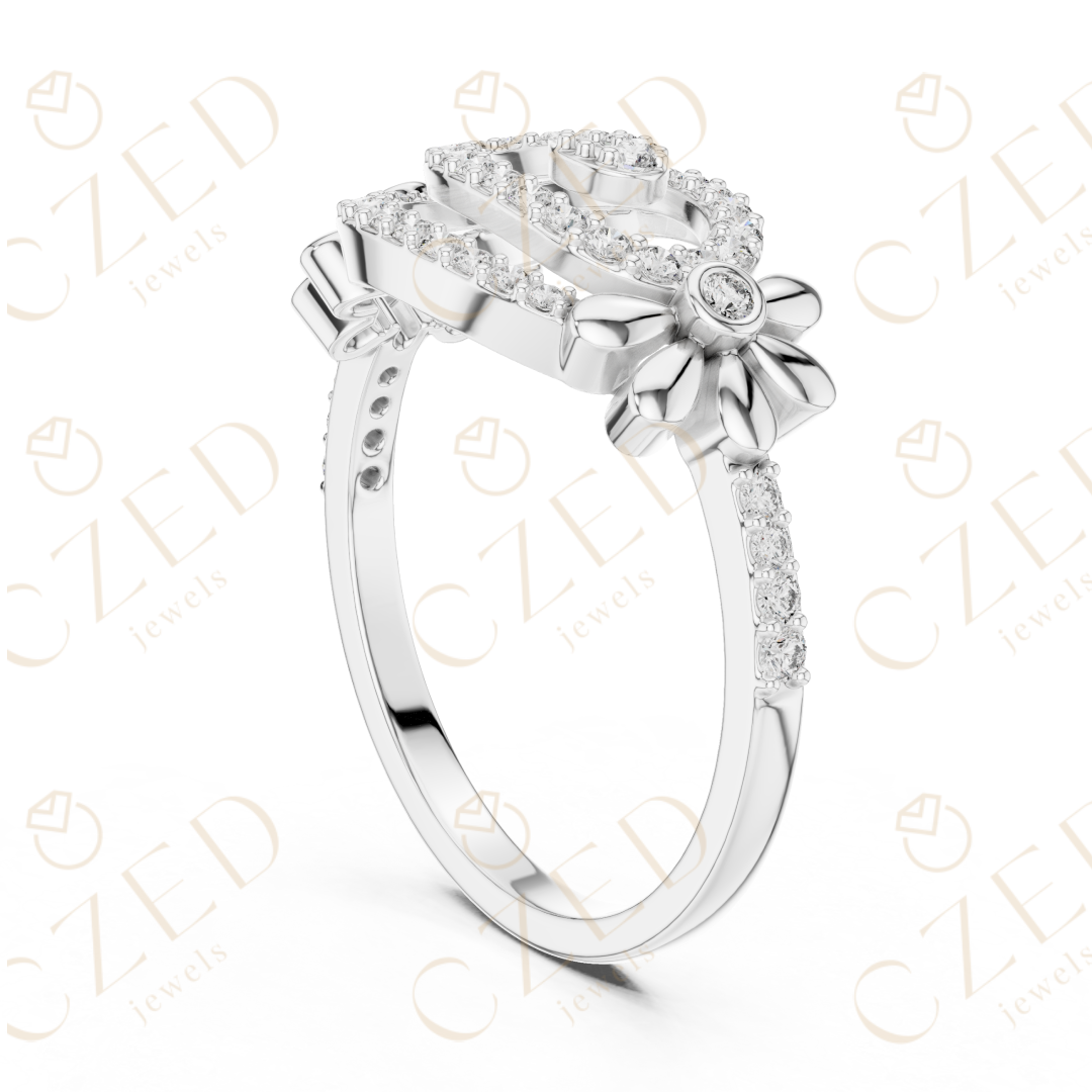 Round Cut Diamond Oval Swirl Halo Ring with Floral Accents