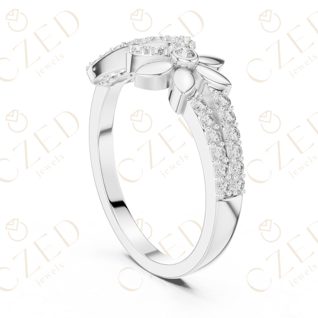 Round Cut Diamond Infinity Band Ring with Floral Motif Accents