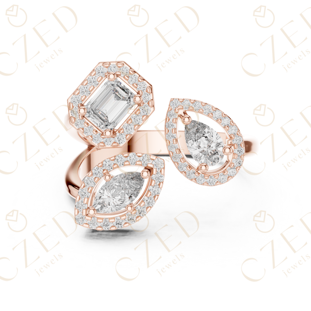 Emerald, Marquise and Pear Cut Diamond Three Stone Halo Ring