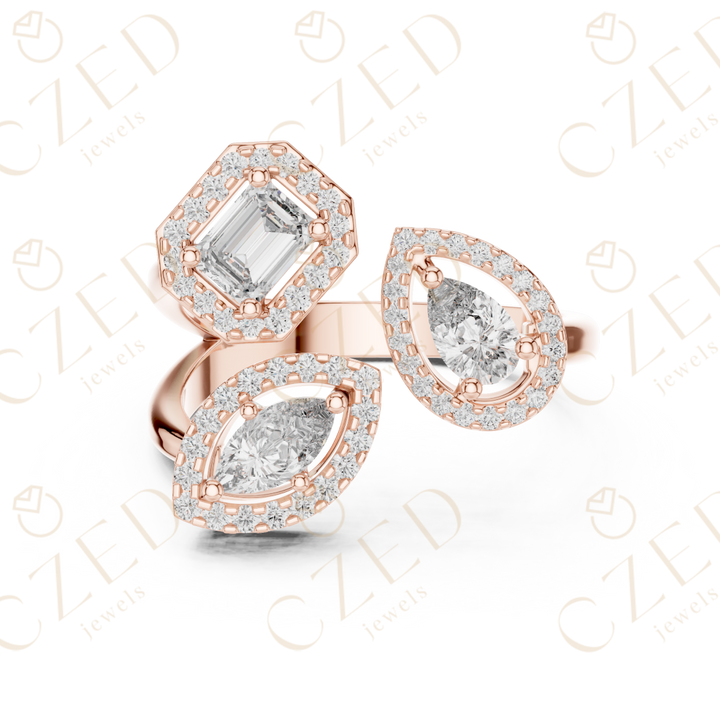 Emerald, Marquise and Pear Cut Diamond Three Stone Halo Ring