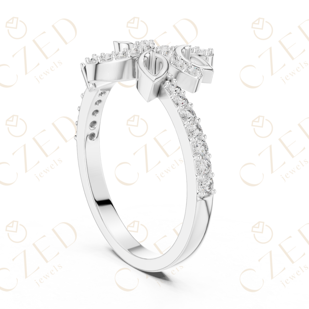 Round Cut Diamond Floral Leaf Halo Ring