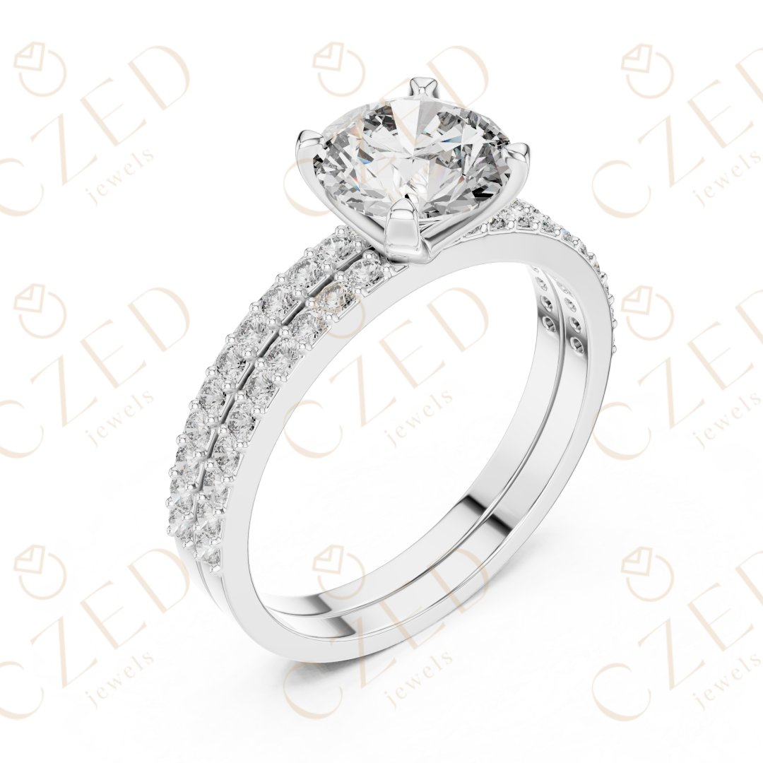 Round Brilliant Diamond Solitaire Ring with Double Row Pave Band