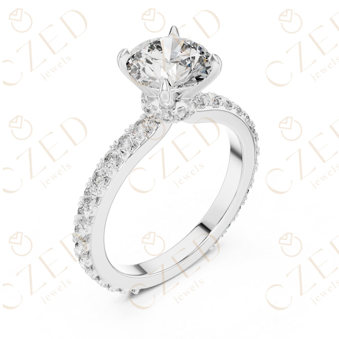 Round Cut Diamond Solitaire Ring with Pavé Side Stones