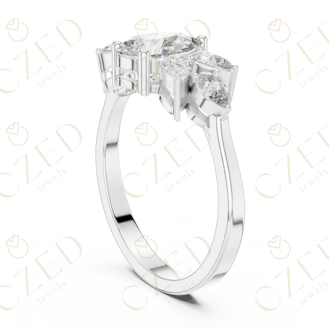 Pear Cut Diamond Floral Side Stone Ring with Elegant Petal-Inspired Brilliance