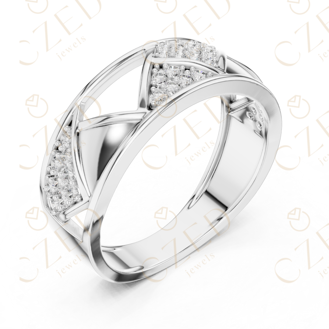 Round Cut Diamond Geometric Cross Band Ring