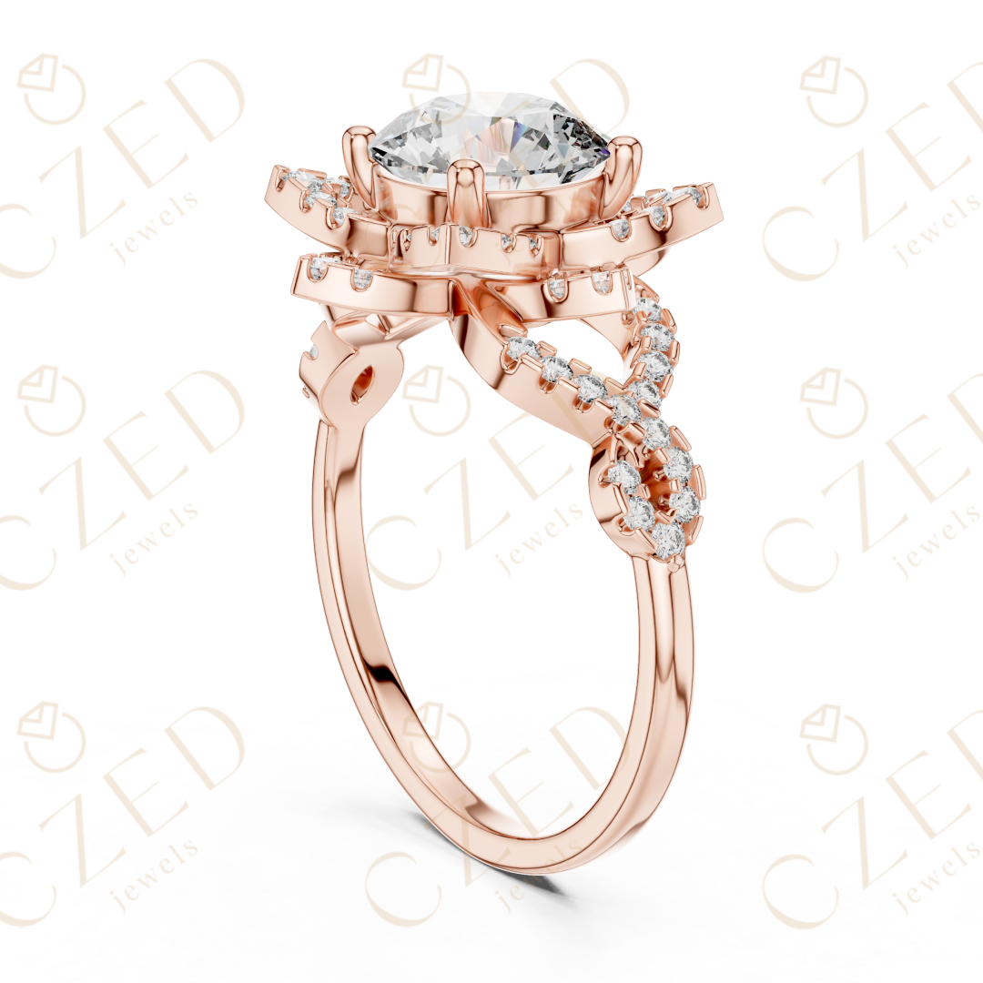 Round Cut Floral Halo Diamond Engagement Ring