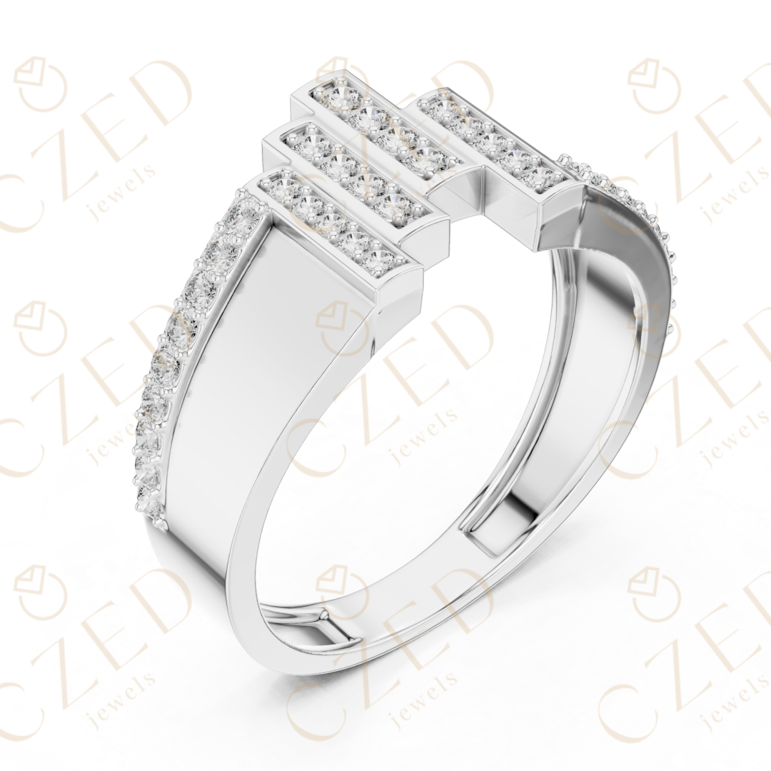 Round Brilliant Diamond Geometric Step Panel Band Ring