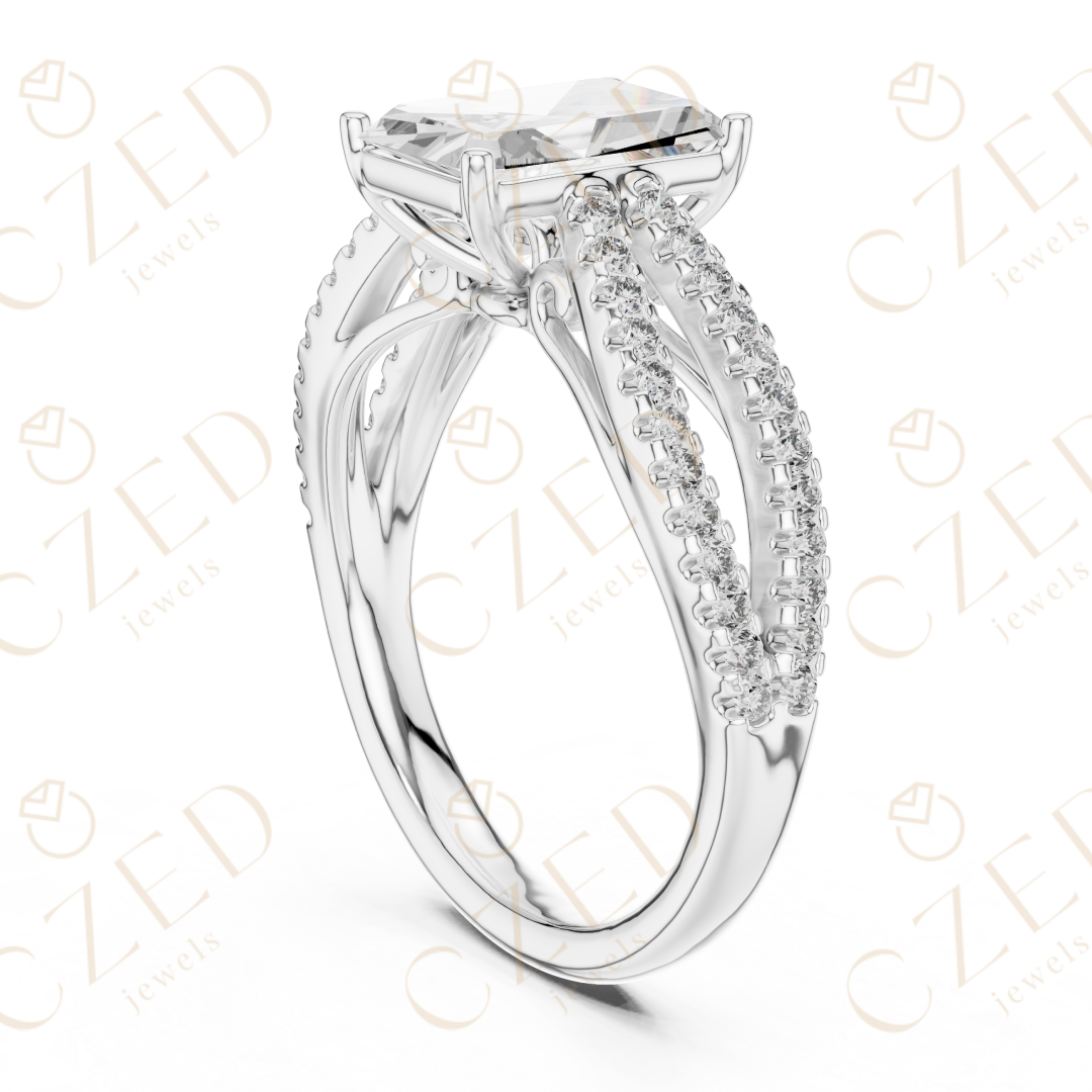Radiant Cut Diamond Solitaire Ring with Pavé Set Split Shank