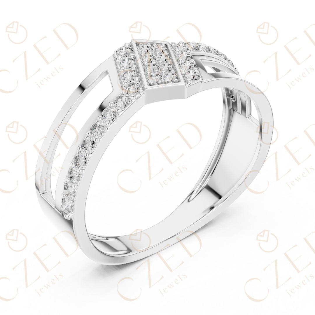 Round Cut Diamond Geometric Panel Band with Pavé Accents