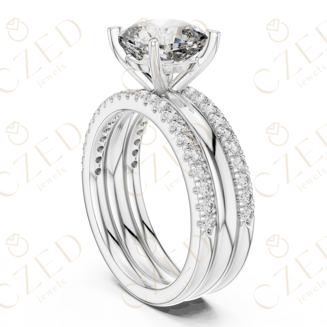 Cushion Cut Diamond Solitaire Ring with Pavé Band Stack