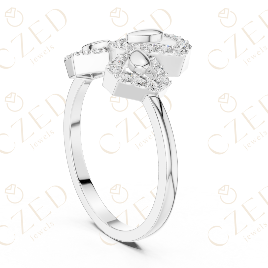 Round Cut Diamond Butterfly Halo Fashion Ring with Pavé Brilliance