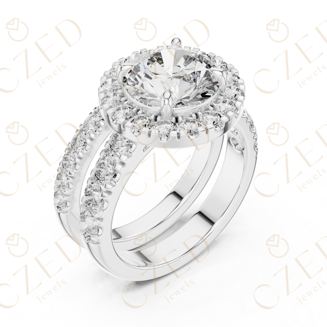 Round Brilliant Diamond Halo Ring with Double Row Pave Band and Matching Band