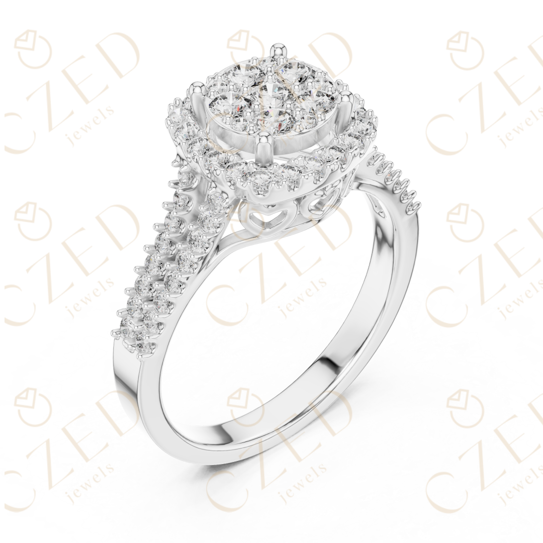 Round Diamond Cluster Halo Ring with Split Shoulder Detailing