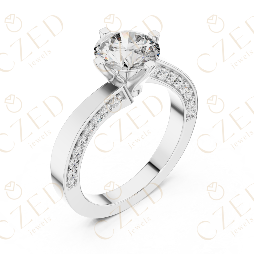Round Brilliant Solitaire Diamond Ring with Twisted Pavé Accents