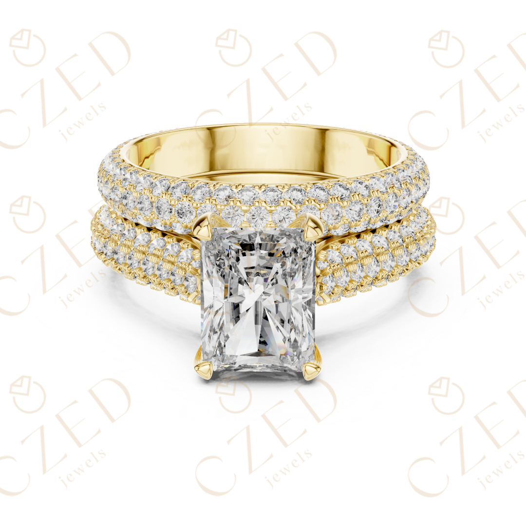 Radiant Cut Solitaire Diamond Ring with Multi-Row Pavé Band