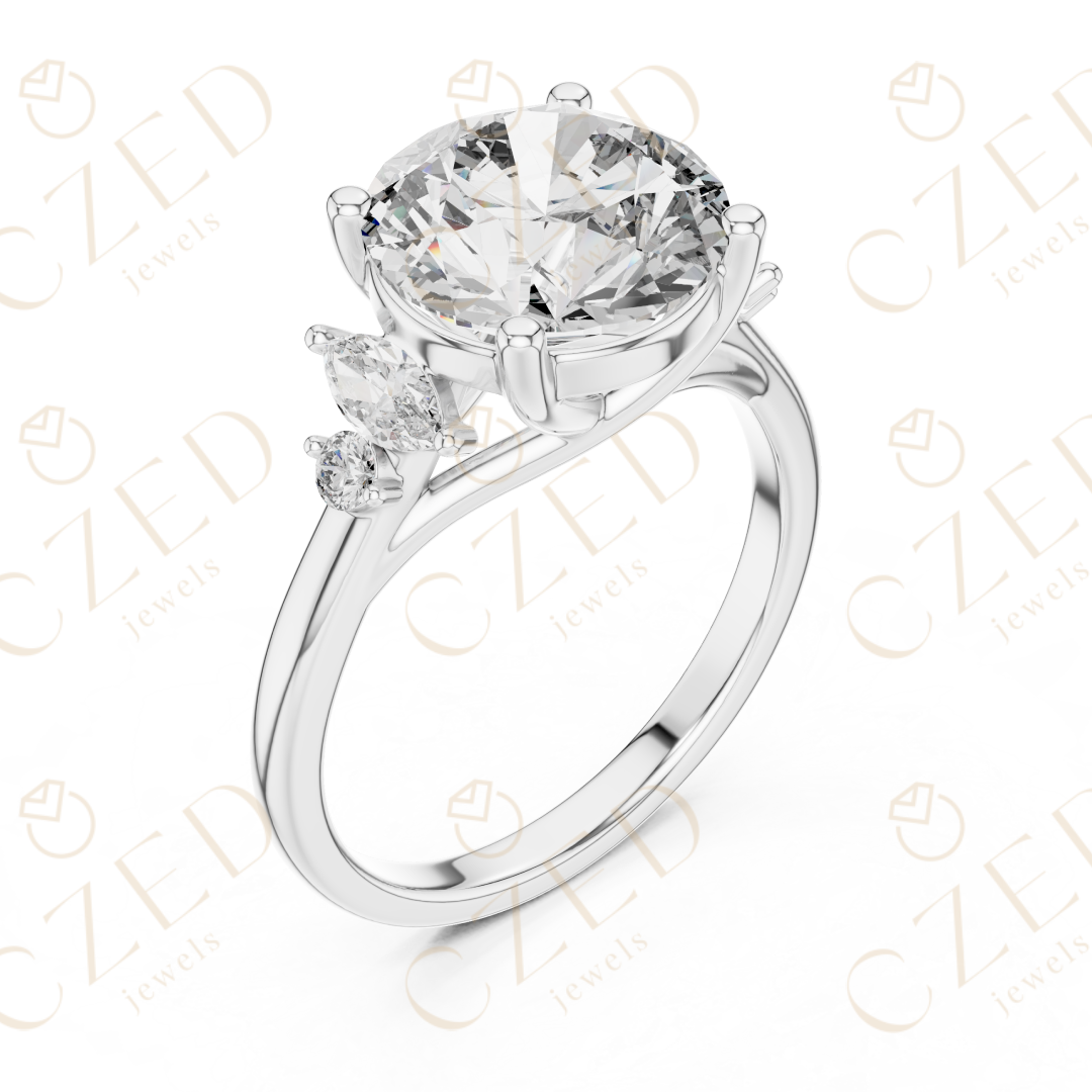 Round Cut Diamond Engagement Ring with Marquise Side Stones