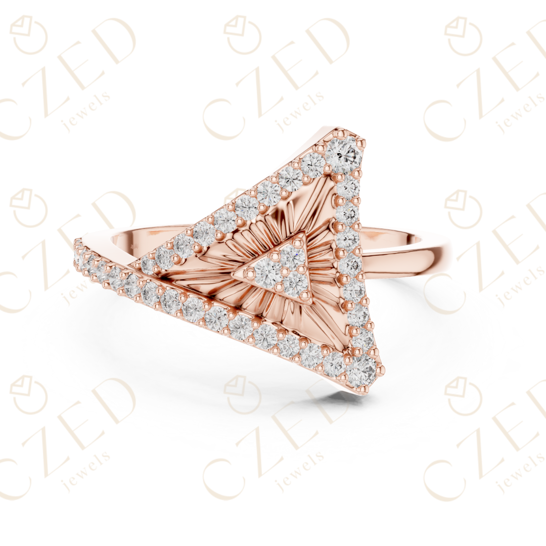 Round Cut Diamond Geometric Triangle Halo Ring