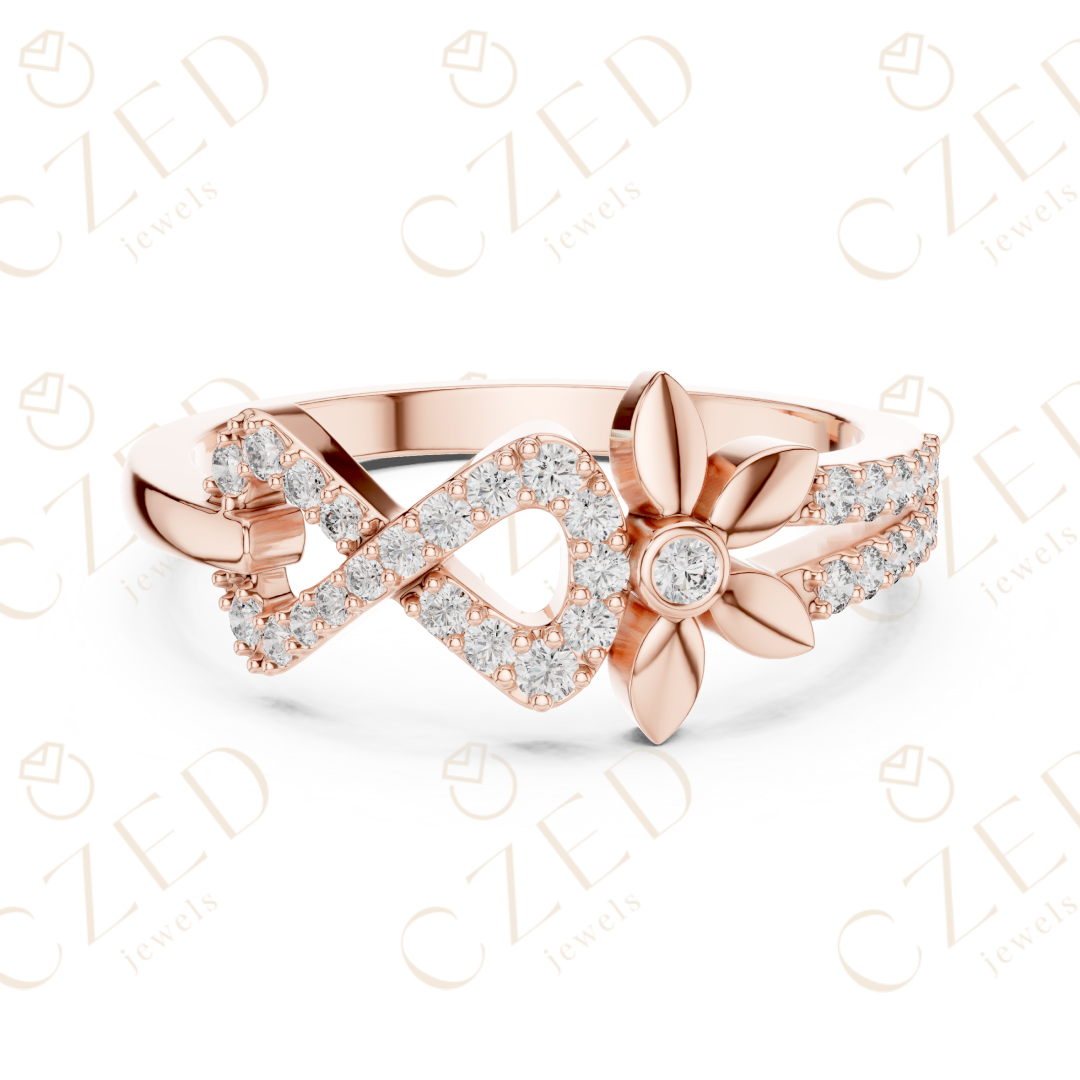 Round Cut Diamond Infinity Band Ring with Floral Motif Accents
