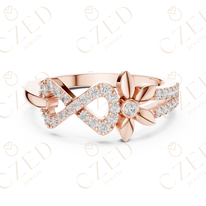 Round Cut Diamond Infinity Band Ring with Floral Motif Accents