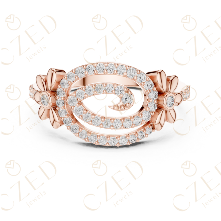 Round Cut Diamond Oval Swirl Halo Ring with Floral Accents