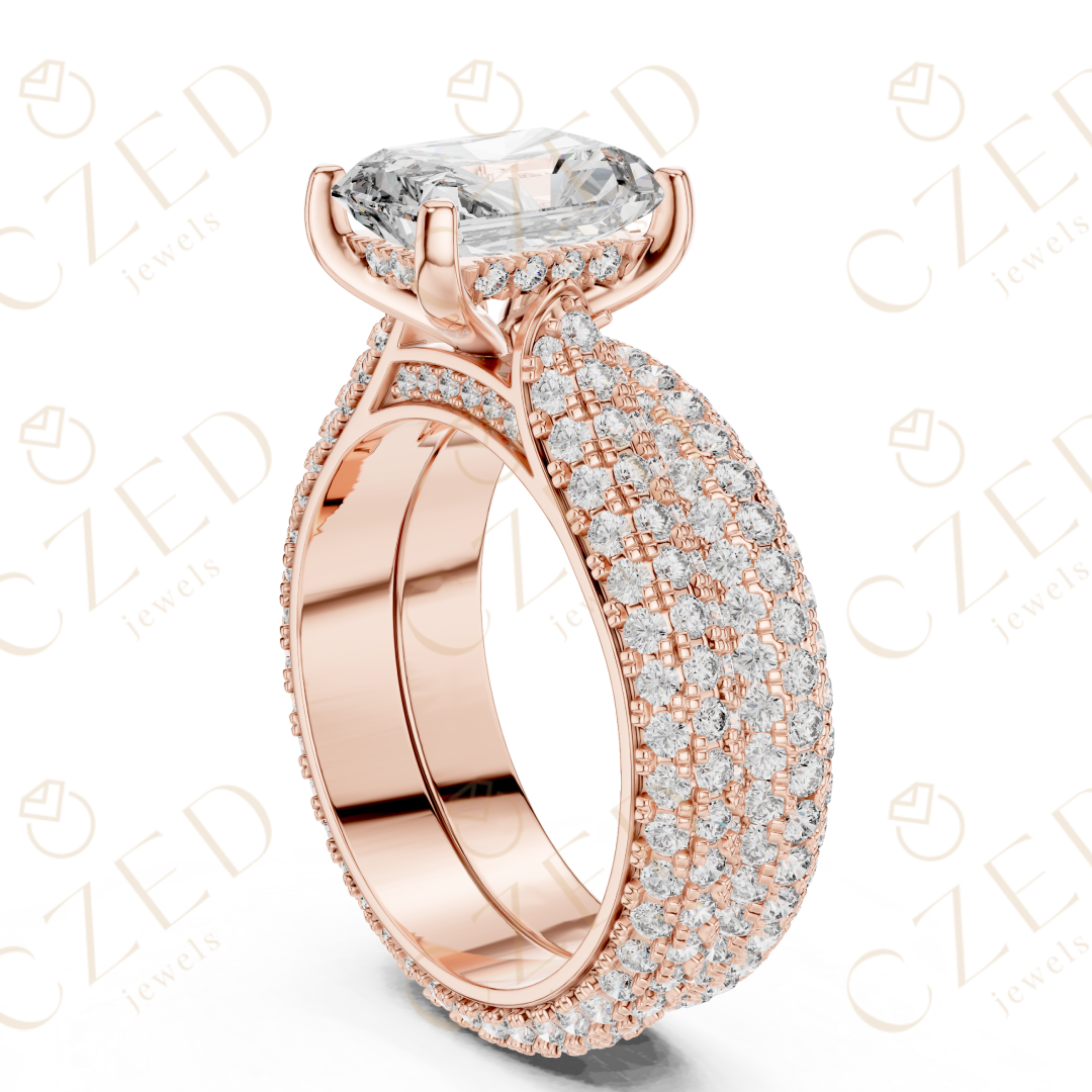 Radiant Cut Solitaire Diamond Ring with Multi-Row Pavé Band