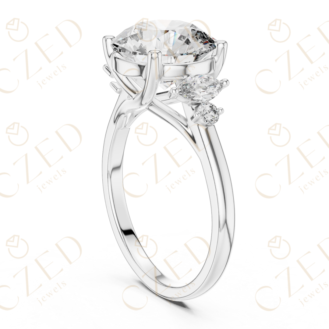 Round Cut Diamond Engagement Ring with Marquise Side Stones