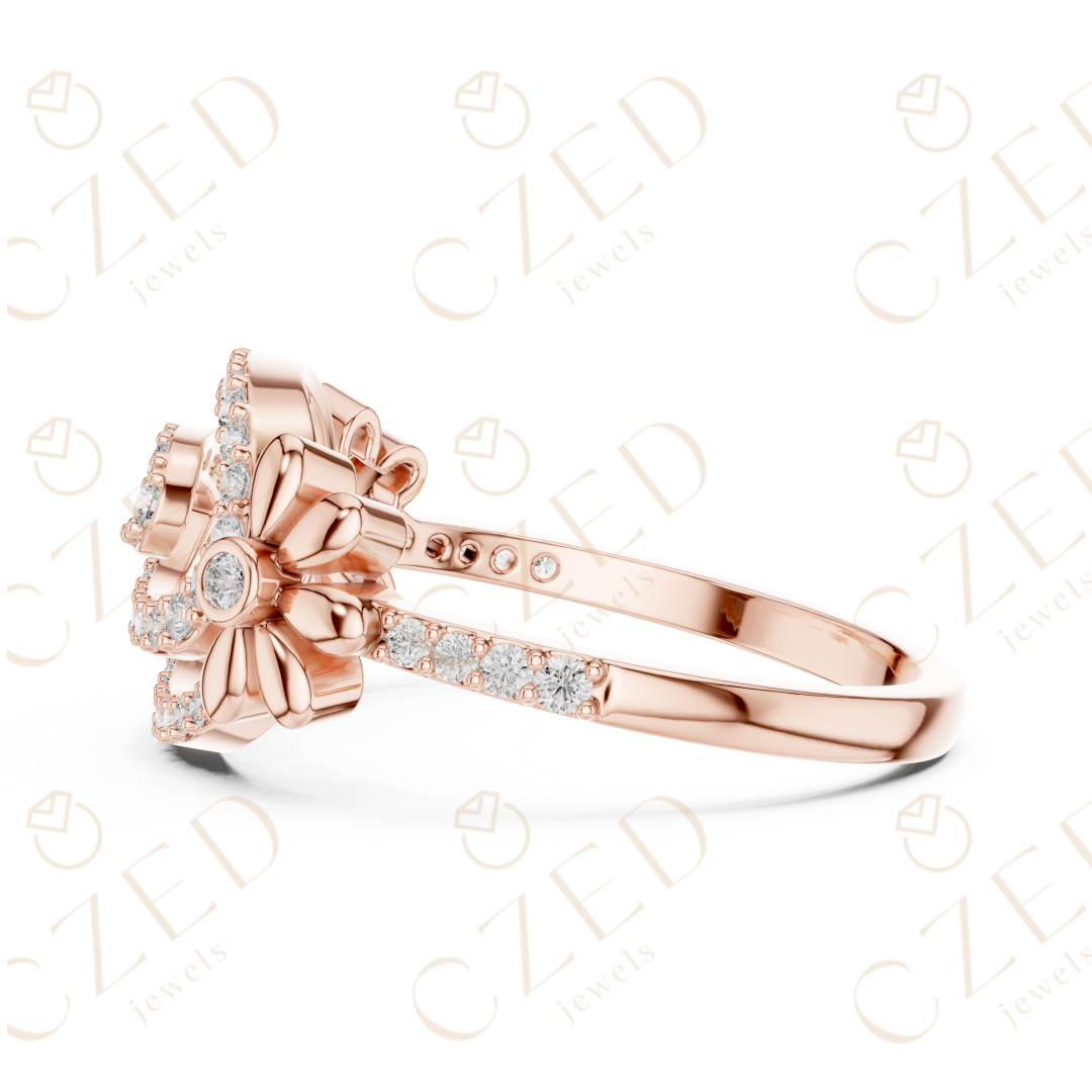 Round Cut Diamond Oval Swirl Halo Ring with Floral Accents