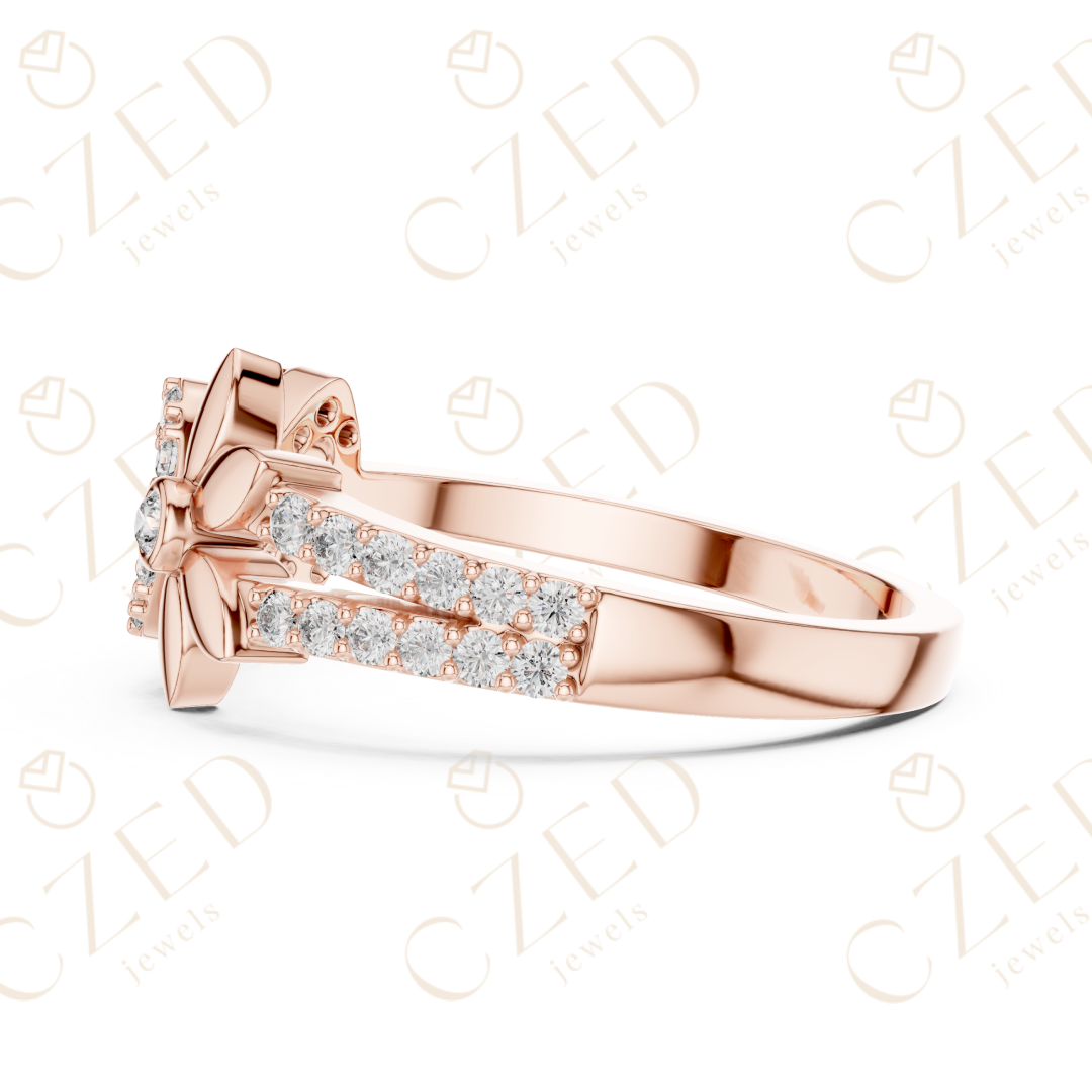 Round Cut Diamond Infinity Band Ring with Floral Motif Accents