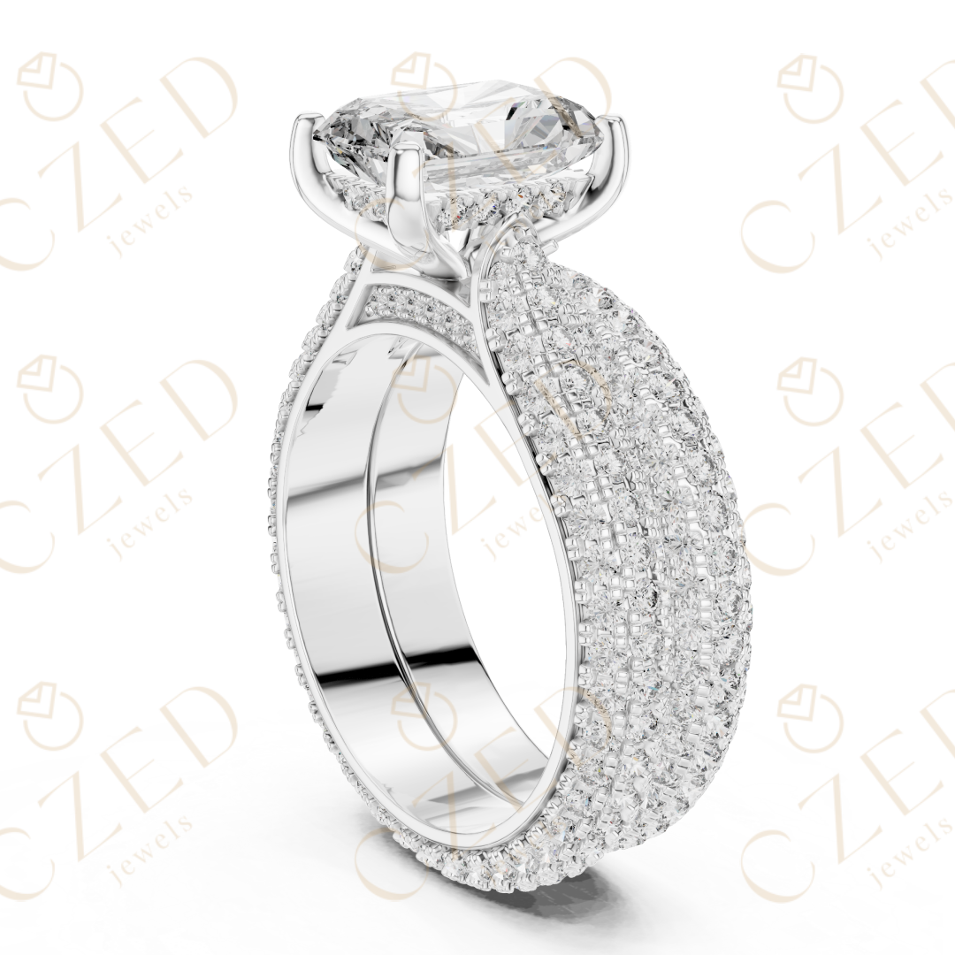 Radiant Cut Solitaire Diamond Ring with Multi-Row Pavé Band