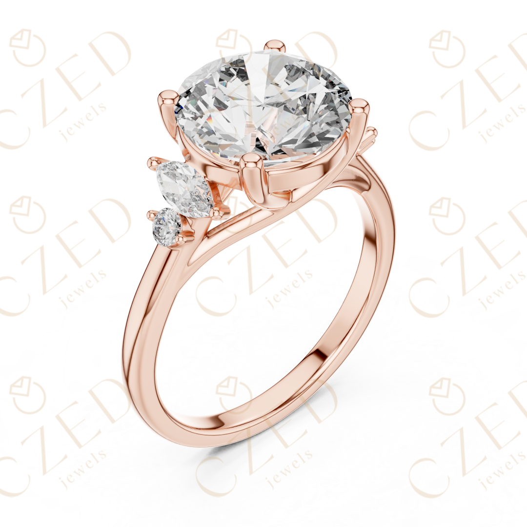 Round Cut Diamond Engagement Ring with Marquise Side Stones