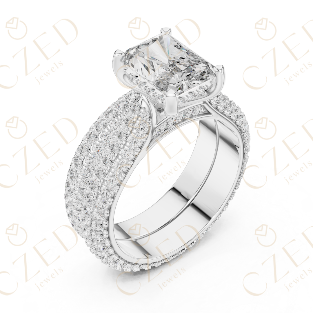 Radiant Cut Solitaire Diamond Ring with Multi-Row Pavé Band