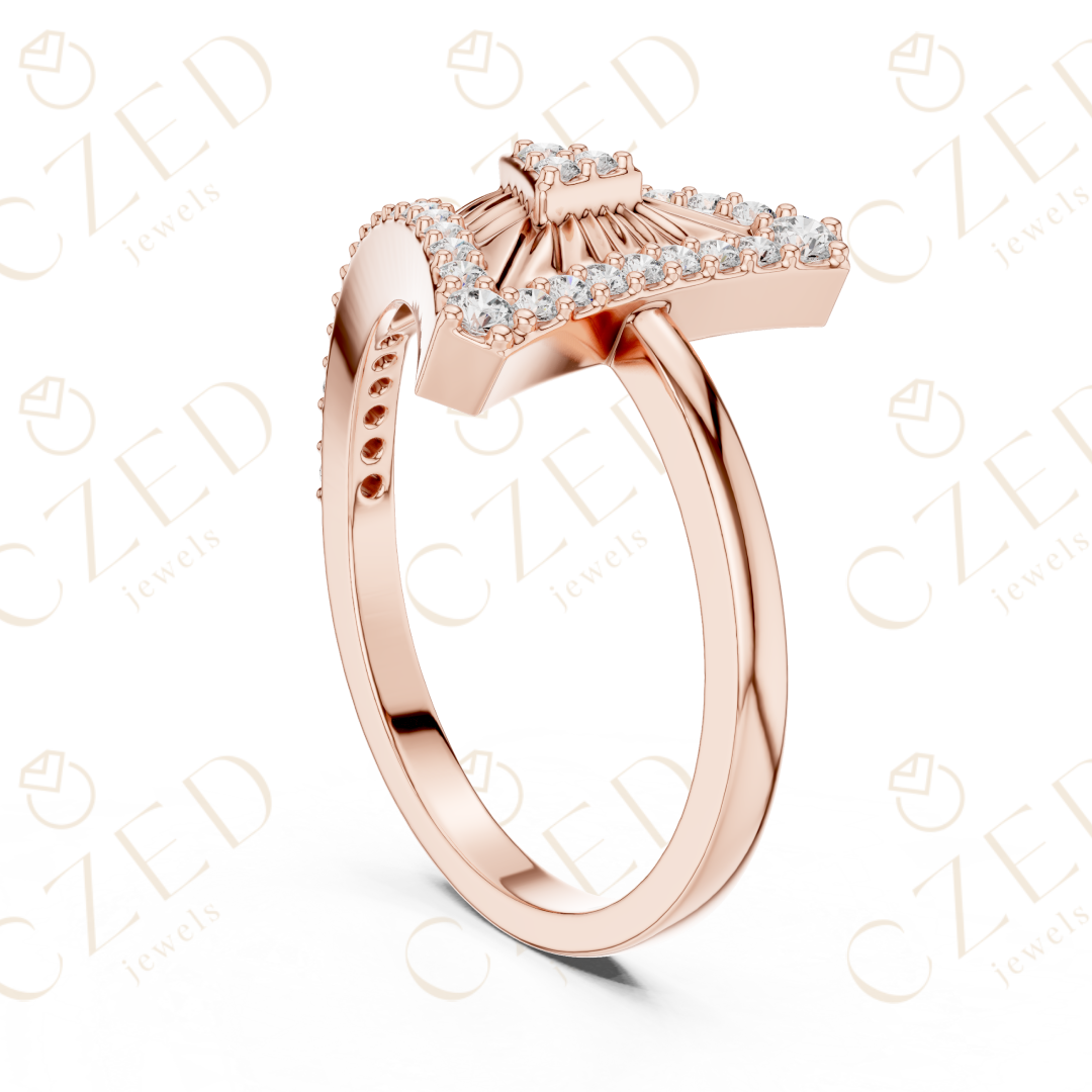 Round Cut Diamond Geometric Triangle Halo Ring