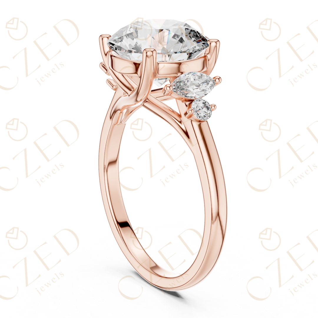 Round Cut Diamond Engagement Ring with Marquise Side Stones