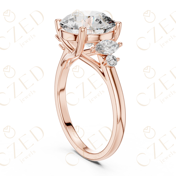 Round Cut Diamond Engagement Ring with Marquise Side Stones