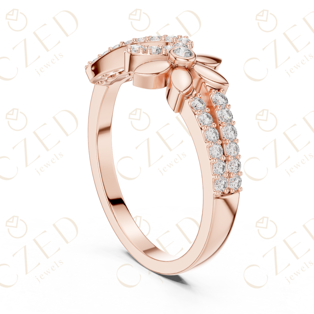 Round Cut Diamond Infinity Band Ring with Floral Motif Accents