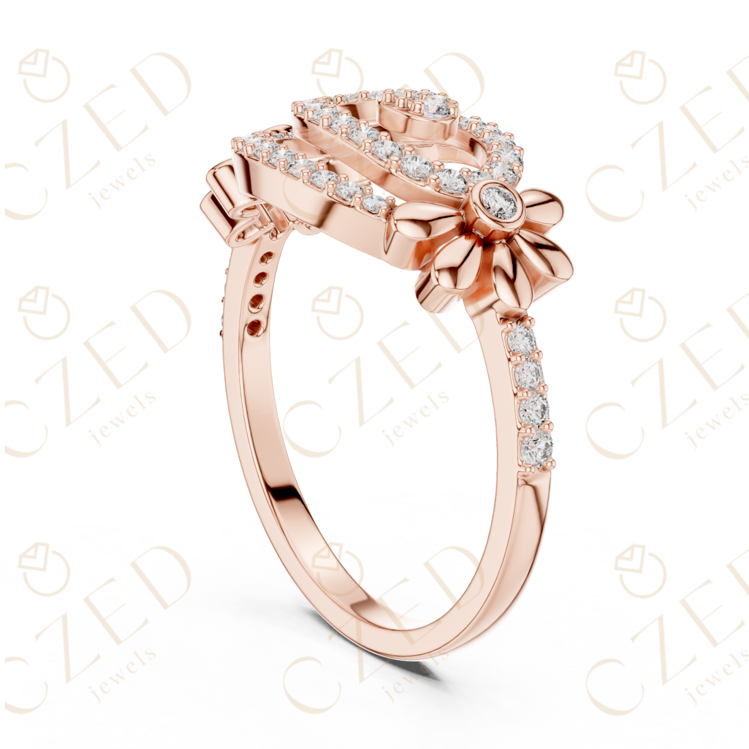 Round Cut Diamond Oval Swirl Halo Ring with Floral Accents