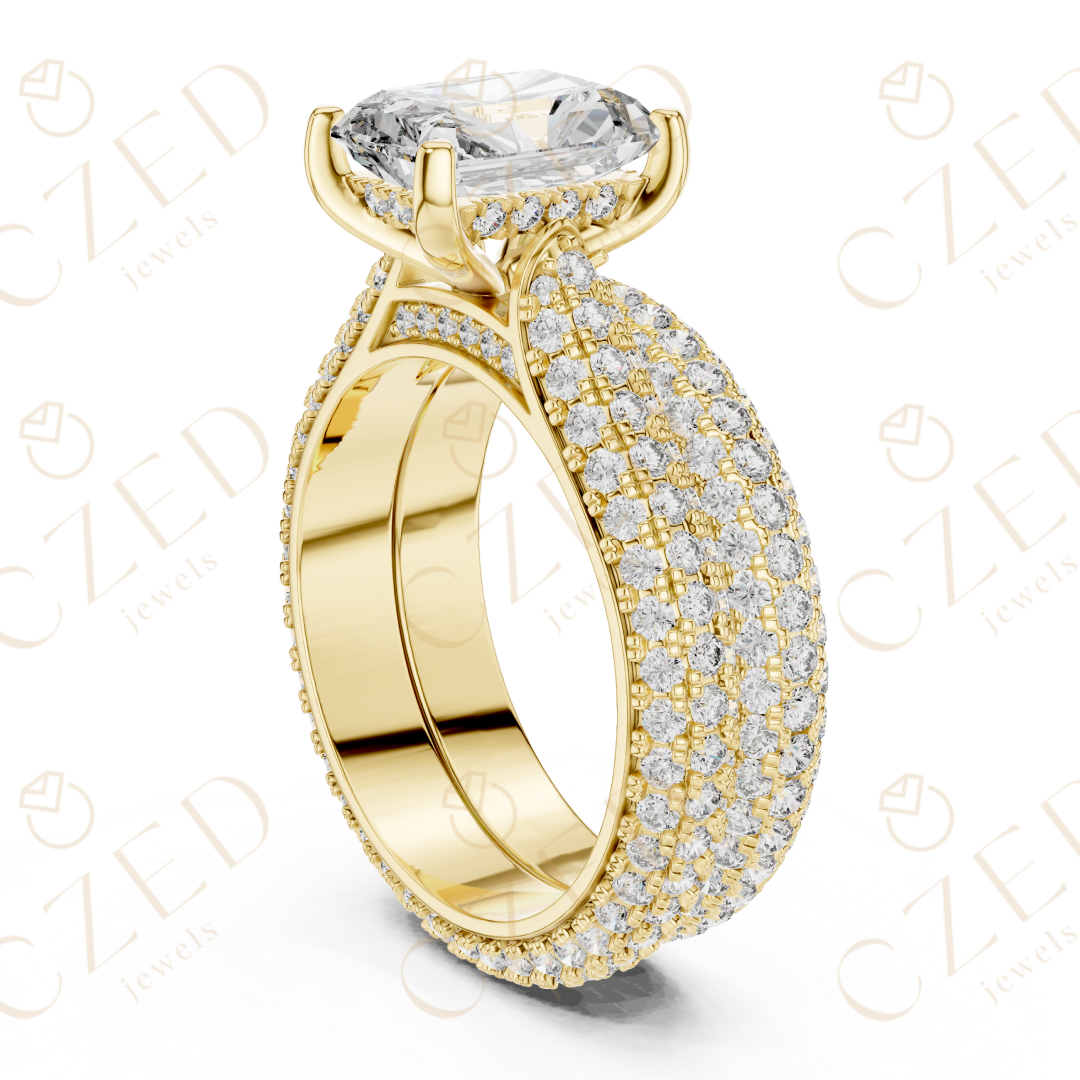 Radiant Cut Solitaire Diamond Ring with Multi-Row Pavé Band