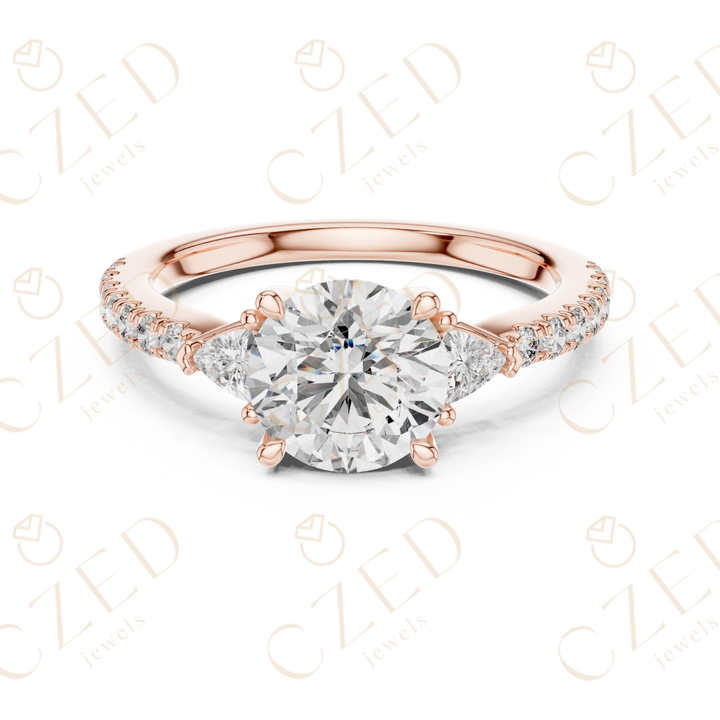 Three Stone Round and Trillion Cut Diamond Ring with Pavé Accents