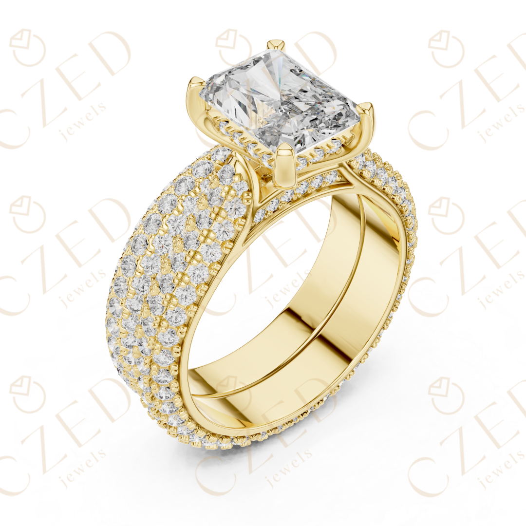 Radiant Cut Solitaire Diamond Ring with Multi-Row Pavé Band