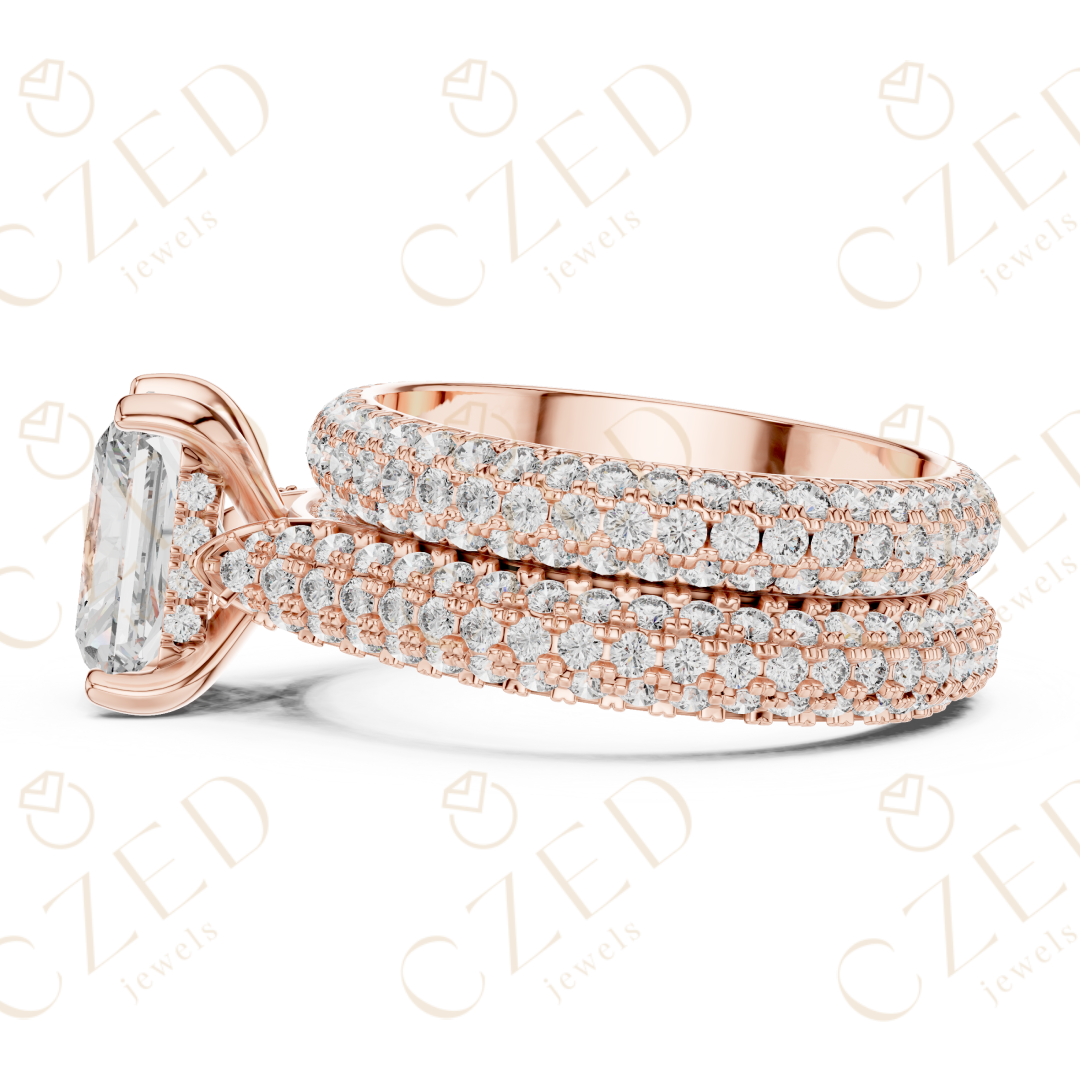 Radiant Cut Solitaire Diamond Ring with Multi-Row Pavé Band